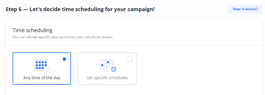 Screenshot of the 'Time scheduling' step in the Campaign Wizard, with the 'Any time of the day' option selected.